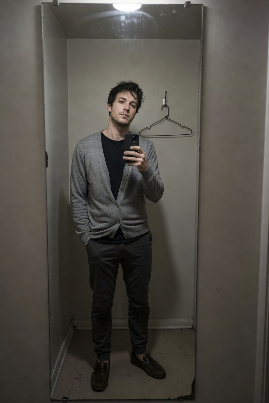 Mirror selfie of a man in a small fitting room wearing an open light-grey knit cardigan over a black t-shirt, slim black trousers, and brown loafers, hands in pockets, casual stance