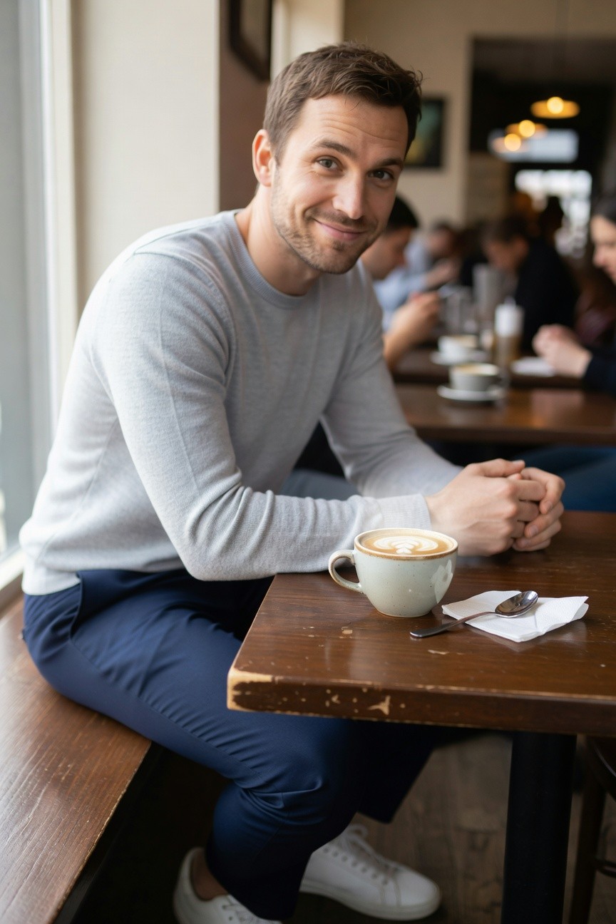 Man in light gray crewneck sweater, navy slim trousers, and white sneakers sits casually at a wooden café table by the window, holding a cappuccino cup with a relaxed smile amid blurred background patrons.