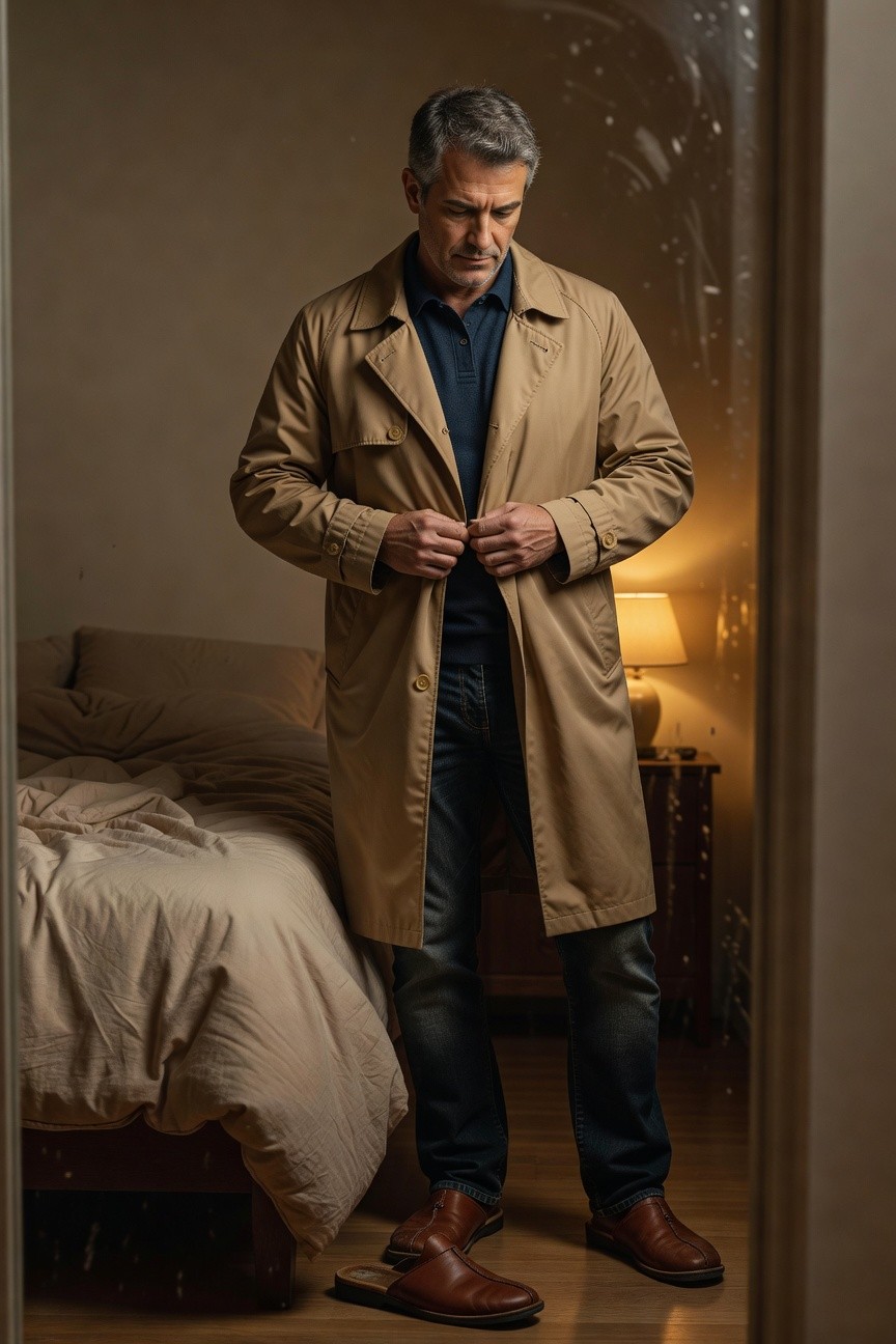 A silver-haired man in a dimly lit bedroom buttons his open beige trench coat over a navy collared shirt, dark slim trousers, and brown loafers, with a bedside lamp casting warm glow on rumpled bed sheets behind glass door