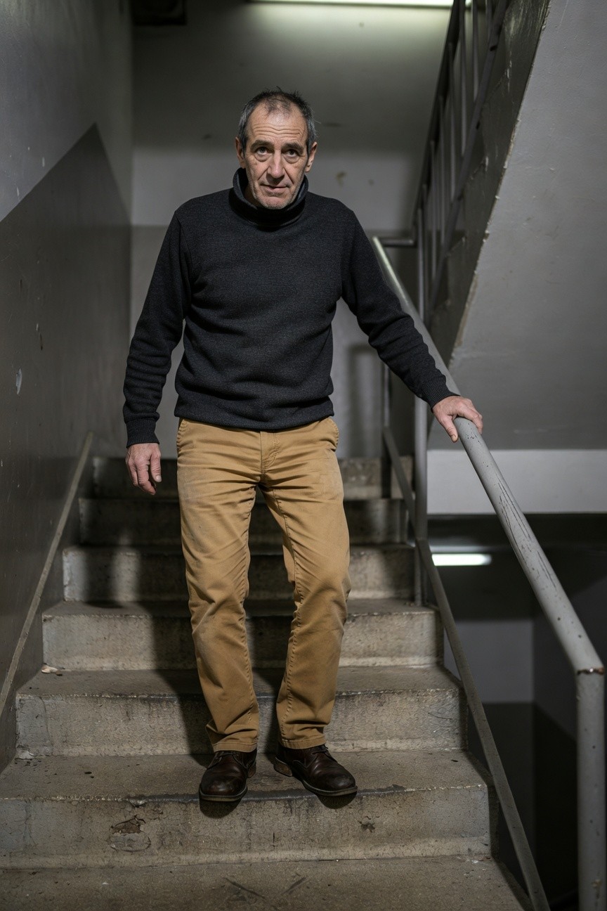 Middle-aged man in dark navy turtleneck sweater, beige chinos, and brown leather shoes climbs dimly lit concrete stairs in an industrial stairwell, one hand on metal railing, evoking polished urban casual style