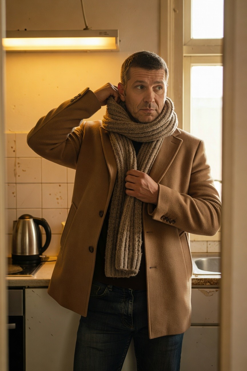 Middle-aged man in camel wool overcoat, gray chunky knit scarf, dark sweater and jeans, adjusting scarf in front of kitchen mirror with yellowed light and kettle nearby