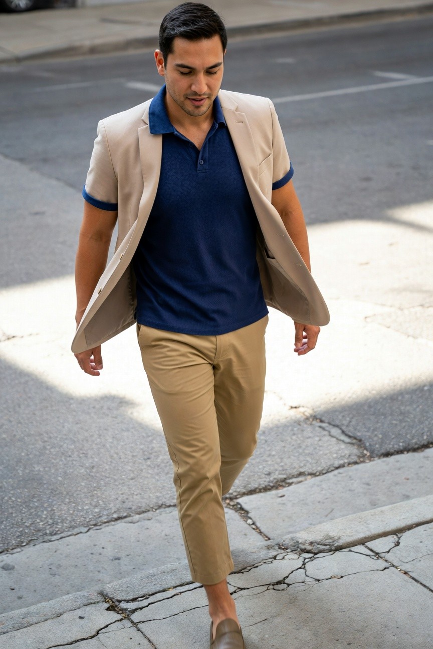 Confident man in open cream blazer over navy short-sleeve polo, matching slim beige chinos, and tan loafers, walking on sunny cracked sidewalk with urban backdrop
