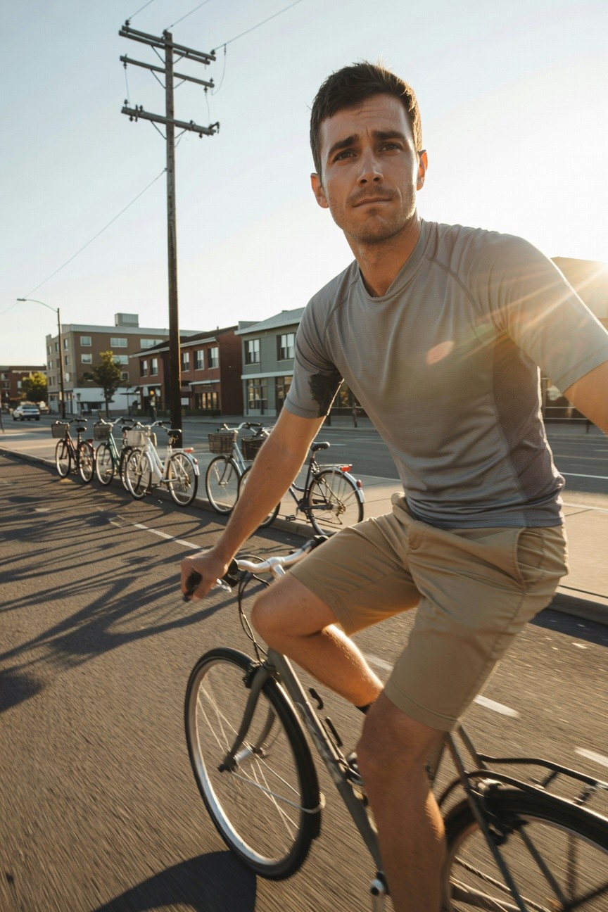 Fit man in his 30s biking on urban street at sunset, wearing gray short-sleeve performance tee, beige athletic shorts, and sneakers, with bicycles parked nearby and buildings in background