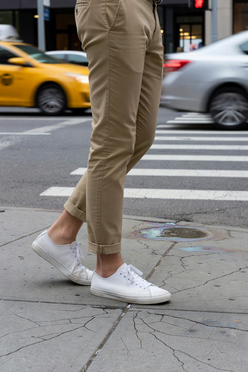 Man in slim khaki chinos cuffed at ankles over white laced sneakers crossing urban street amid yellow taxis and crosswalk lines