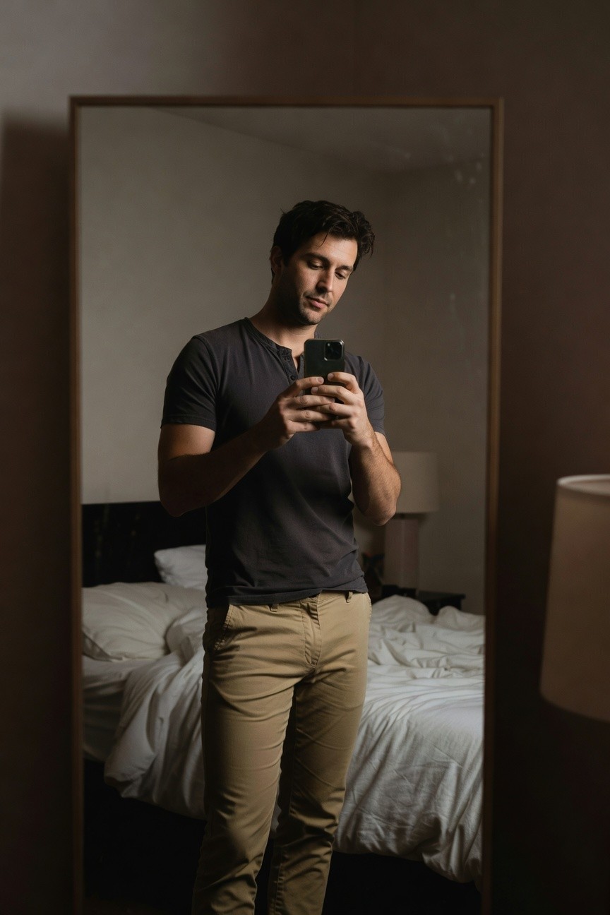 A man stands in front of a full-length mirror in a dimly lit bedroom, wearing a dark gray short-sleeve henley shirt and light khaki slim-fit chinos, holding his phone for a selfie, with a bed and lamp visible in the background.