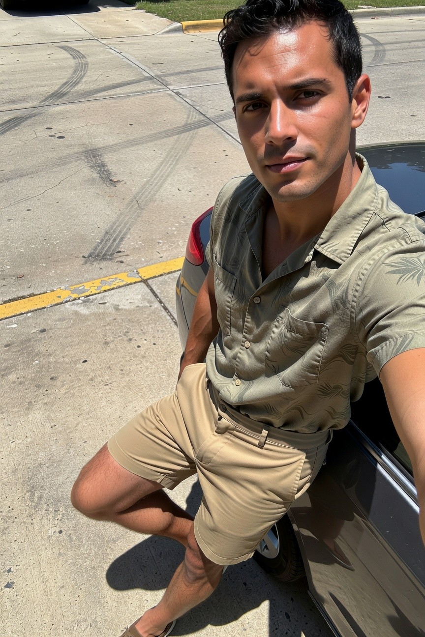 A man leans casually against a gray car in a sunny parking lot, wearing a light green leaf-print short-sleeve button-down shirt tucked into khaki shorts, with tan legs and brown espadrille-style shoes visible, exuding relaxed summer style.