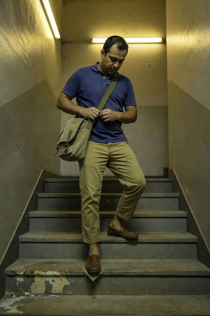 A man in a dimly lit yellow stairwell wearing a navy short-sleeve polo shirt, khaki chinos with rolled cuffs, brown loafers, and an olive canvas messenger bag over one shoulder, descending steps casually.