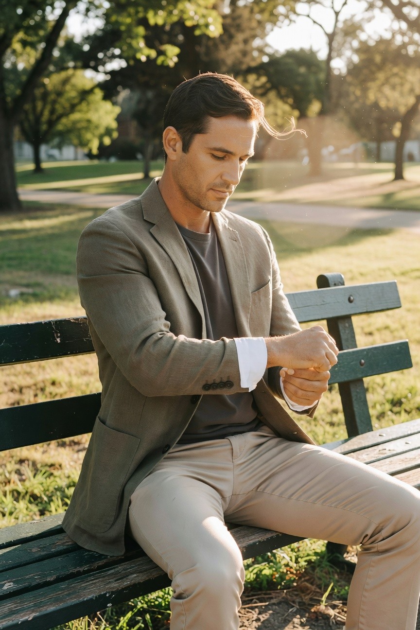 A stylish man in his 30s sits on a green park bench under summer trees, wearing an olive blazer over a white t-shirt, beige slim pants, and checking his watch with rolled cuffs, evoking relaxed professional comfort.
