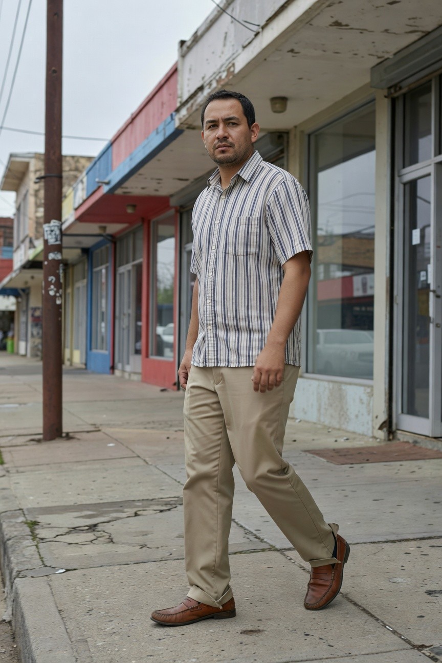 A man in his 30s walks confidently on a sunlit urban sidewalk wearing a light gray short-sleeve button-up shirt with thin blue stripes, slim-fit khaki chinos, and brown leather loafers, against a backdrop of weathered storefronts and colorful building accents