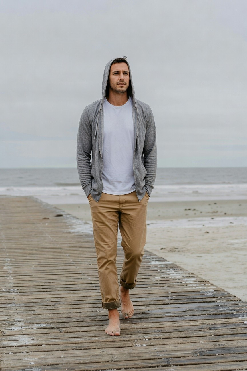 Man walking barefoot on a wooden pier toward the beach under overcast skies, dressed in an open gray hoodie over a white t-shirt tucked into khaki chinos rolled at the ankles, hands in pockets for a relaxed vibe.