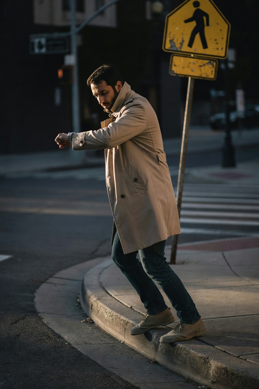 Man in beige trench coat, dark slim jeans, and light suede shoes strides near a yellow pedestrian crossing sign on an urban street at dusk, evoking relaxed weekend polish