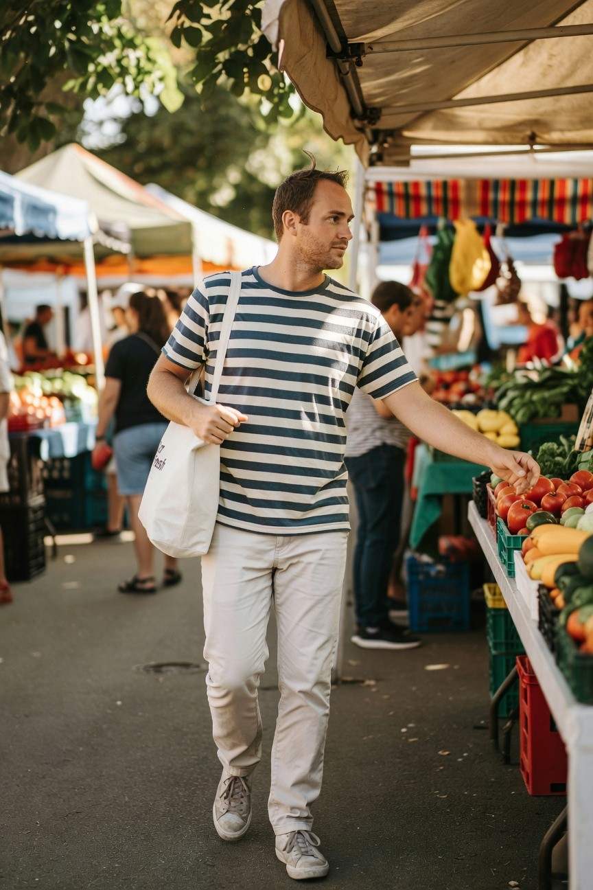 A man in a white short-sleeve Breton striped shirt, white chinos, white sneakers, and canvas tote bag selects tomatoes at an outdoor farmers market stall under colorful awnings.