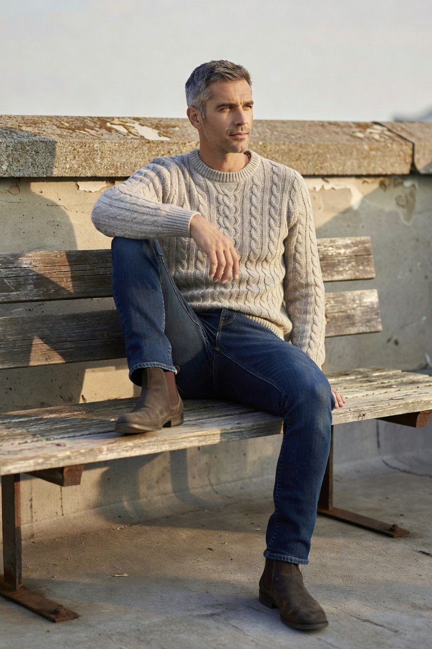 Silver-haired man in light gray cable-knit sweater, slim dark blue jeans, and brown leather boots, seated casually on a weathered wooden bench against a concrete wall at golden hour