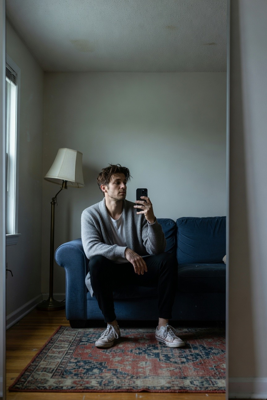 Young man with tousled dark hair sits casually on a blue velvet sofa in a softly lit room with white lamp and red-patterned rug, wearing open light grey knit cardigan over white t-shirt, slim black trousers, and white sneakers, holding phone for mirror selfie