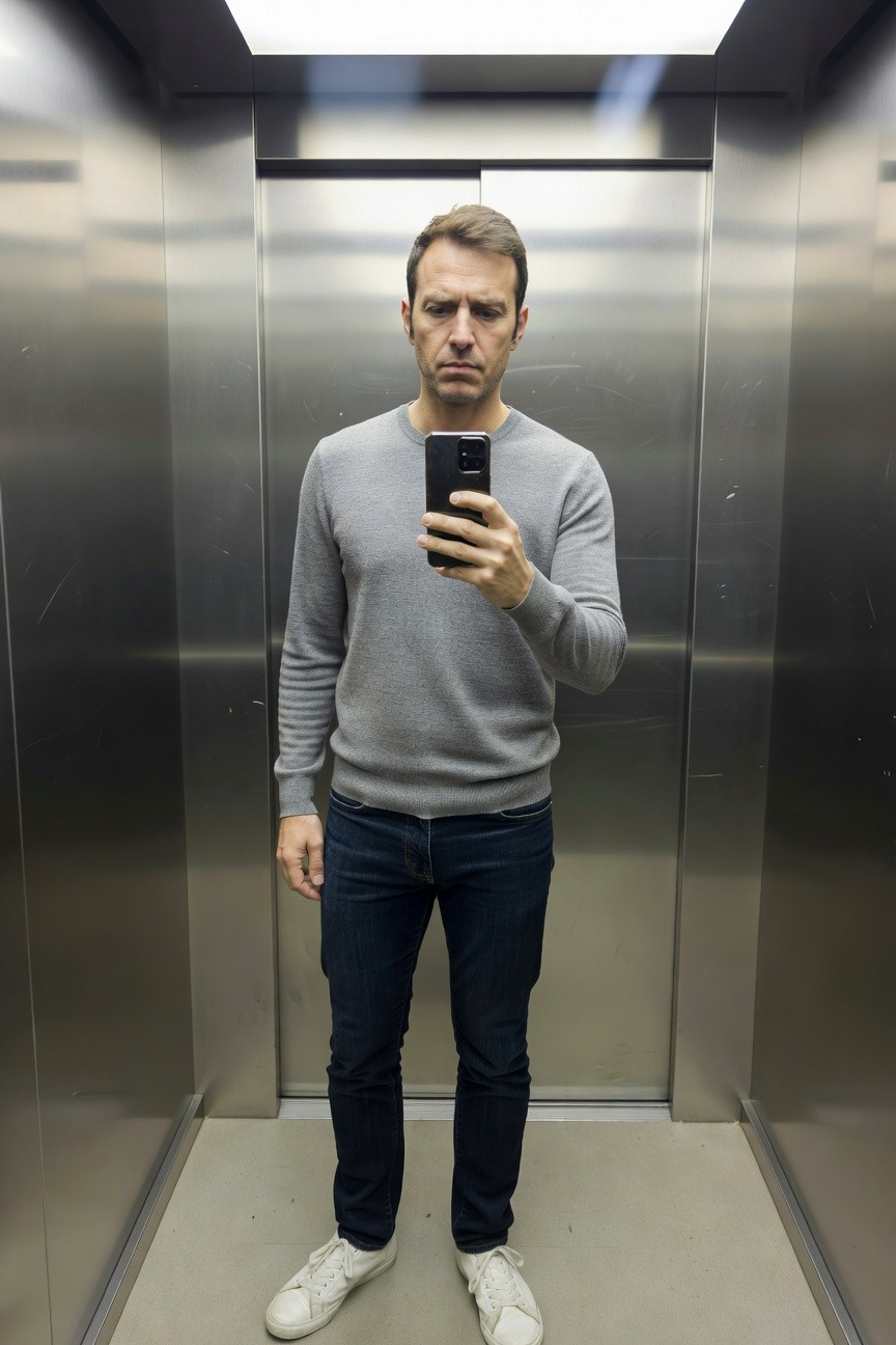 Mid-40s man taking elevator selfie in light grey knit sweater, slim blue jeans, and white sneakers, standing casually against metallic walls under bright ceiling light