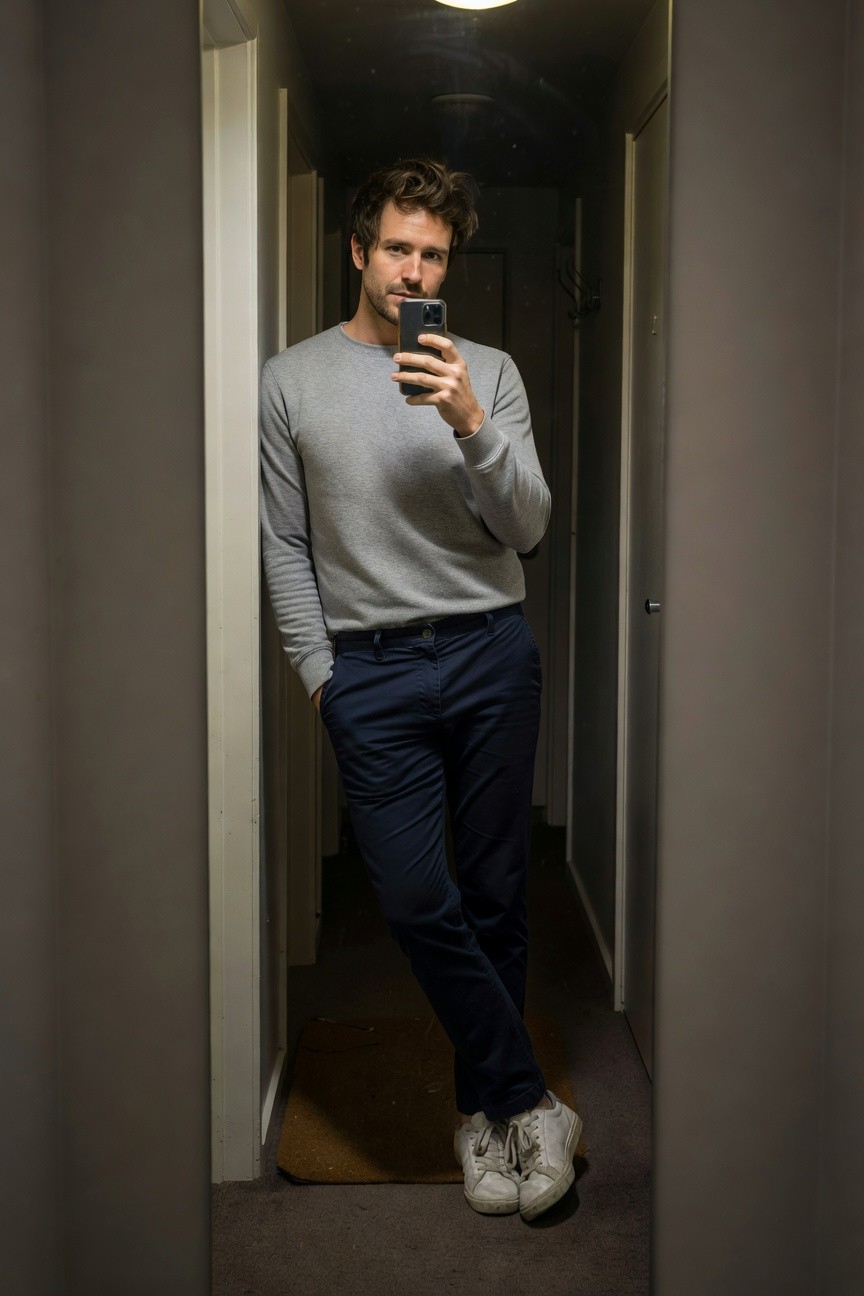 Man taking a hallway selfie in a relaxed grey crewneck sweater, navy chinos, and white sneakers, leaning casually against the wall for a polished weekend look