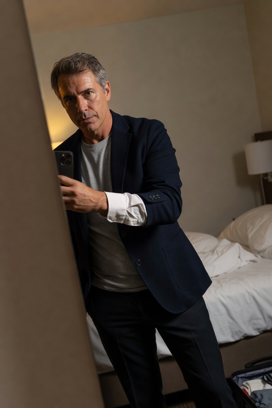 Mature man in navy blazer over white tee and matching trousers, taking mirror selfie in modern hotel room with bed and suitcase visible