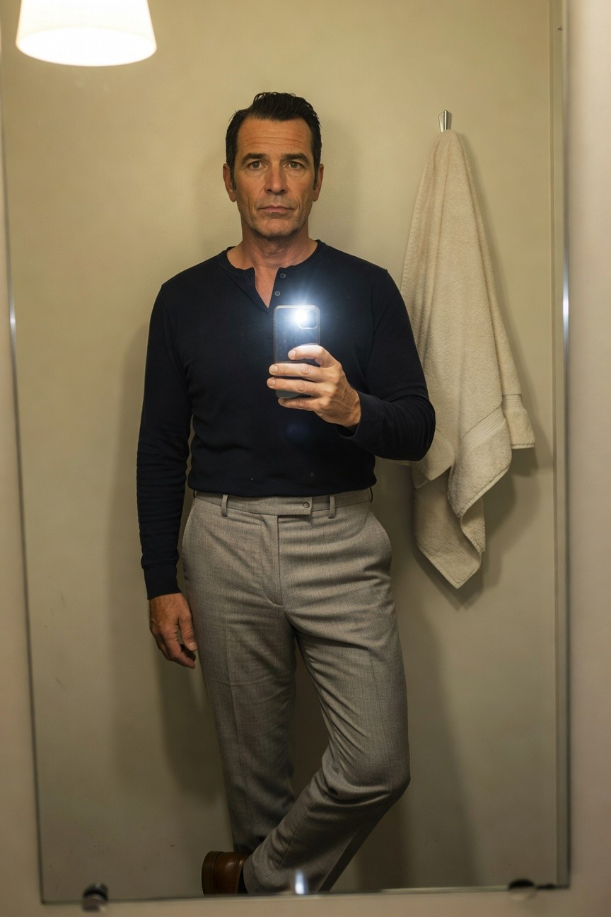 Mirror selfie of a man in his 40s wearing a deep navy long-sleeve henley shirt with button placket, light gray slim trousers, and brown leather shoes, standing casually in a modern bathroom with white walls and hanging towel