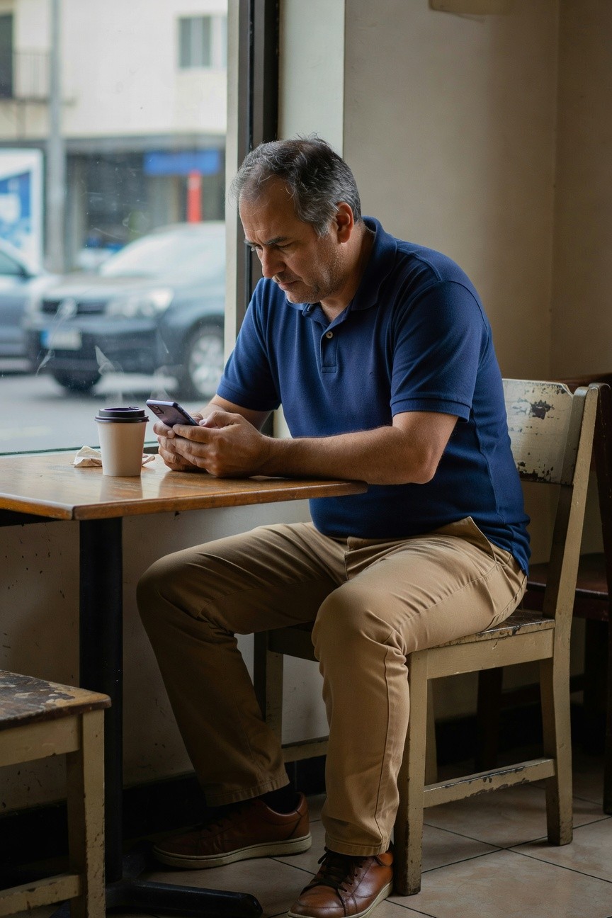Middle-aged man in navy blue short-sleeve polo shirt, khaki chinos, and brown leather sneakers, sitting casually at a wooden cafe table with coffee cup and phone, window view of street outside