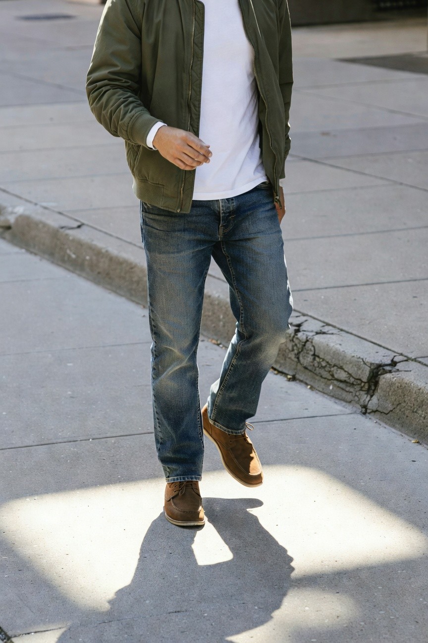 A man walks casually on a sunny urban sidewalk in an open olive green bomber jacket over a white t-shirt, medium-wash straight-leg jeans, and tan suede boots, casting a long shadow in afternoon light