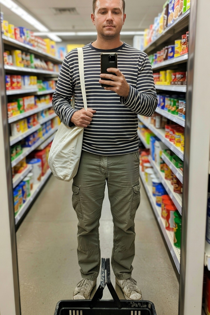 Man in black-and-white striped long-sleeve shirt, khaki cargo pants, white sneakers, and cream canvas tote bag, taking a mirror selfie in a brightly lit grocery store aisle with shelves of boxed goods on both sides and a red shopping basket at his feet