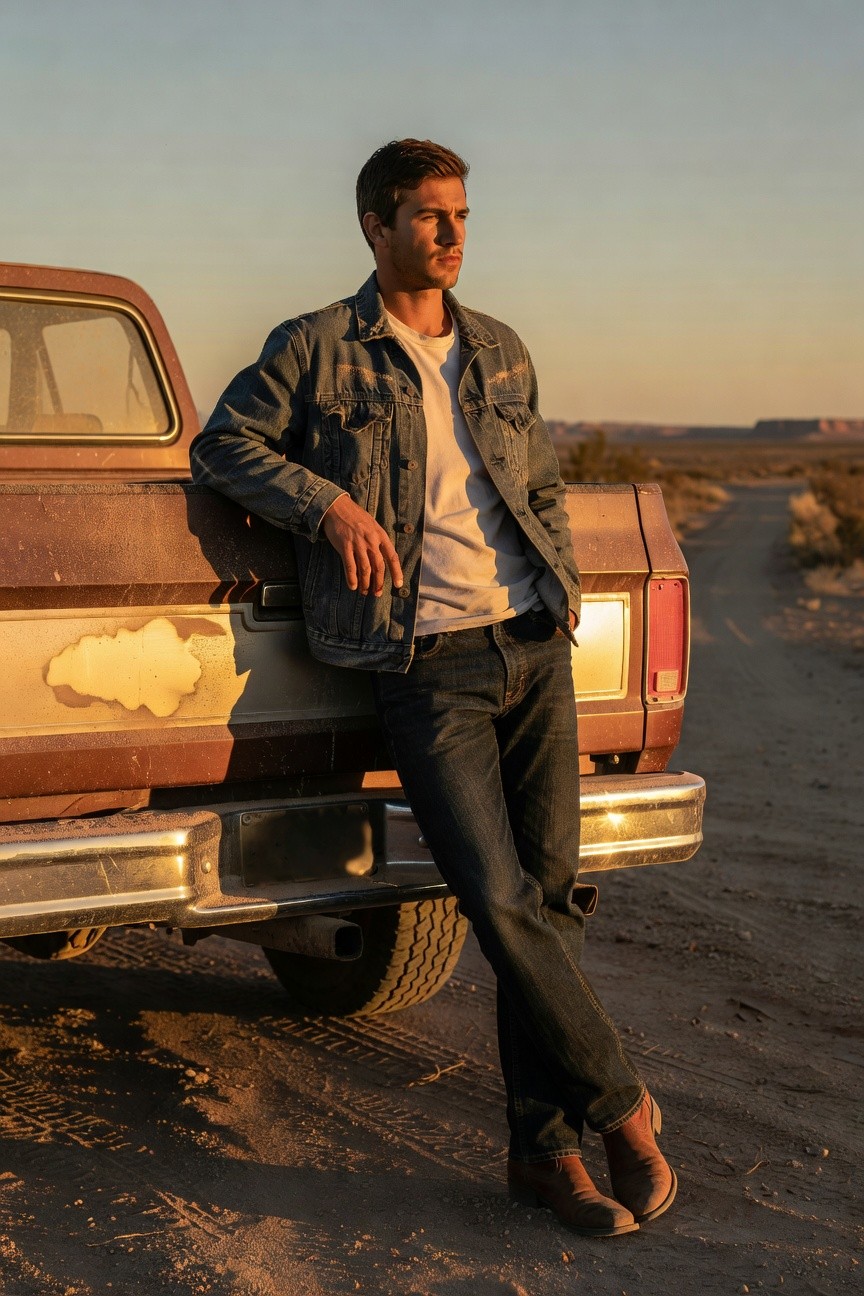 Man in light wash denim jacket over white t-shirt, dark straight-leg jeans, and brown leather boots, leaning against vintage truck bed