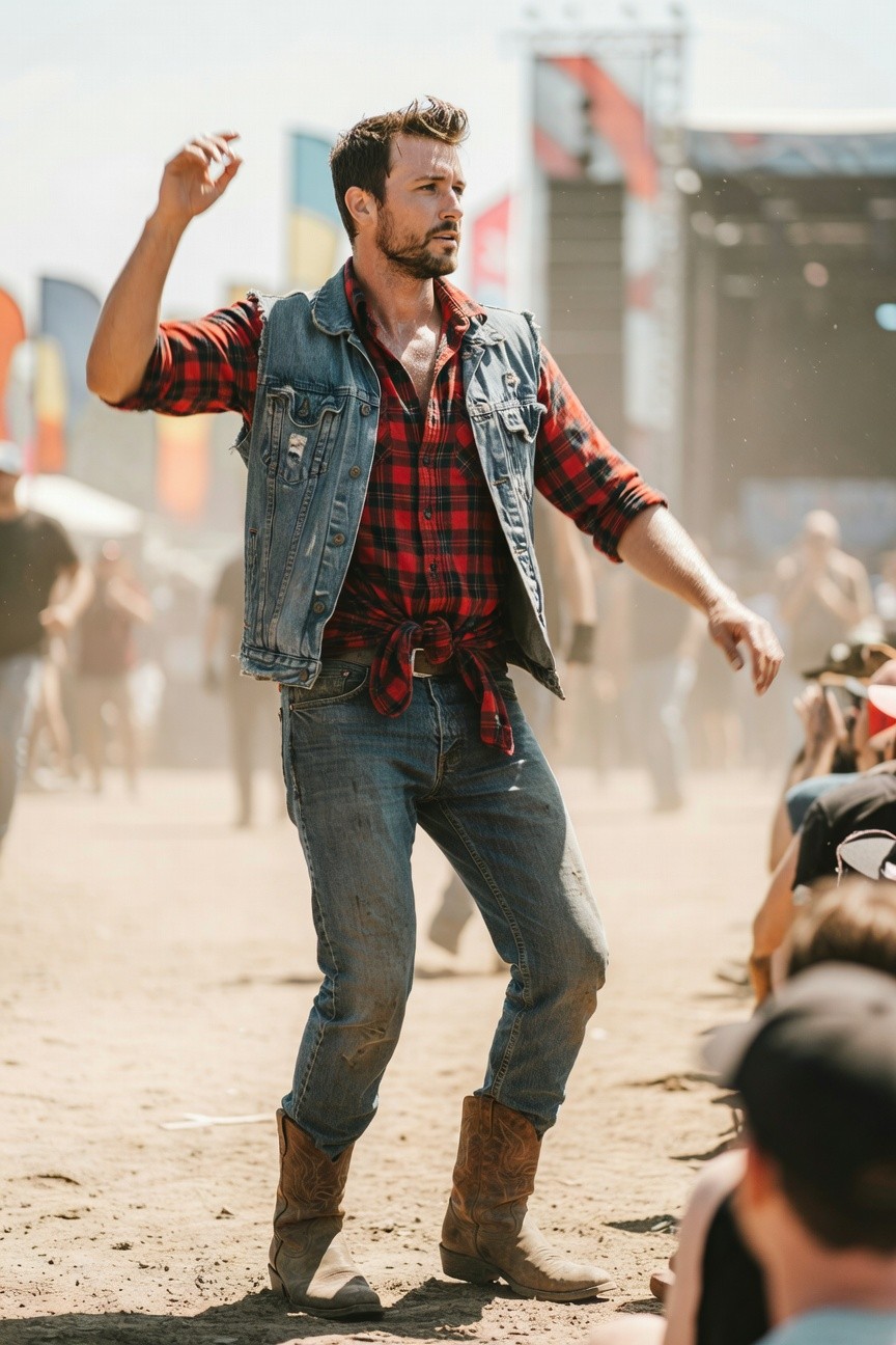 Man in red plaid flannel shirt layered under open blue denim vest, light wash bootcut jeans, brown cowboy boots, and belt, posing dynamically with arms raised.