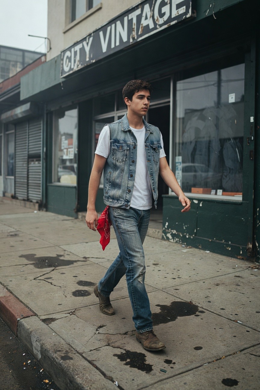 Man walking on urban sidewalk in light wash denim vest over white t-shirt, blue straight-leg jeans, brown boots, red bandana in back pocket, outside vintage clothing store