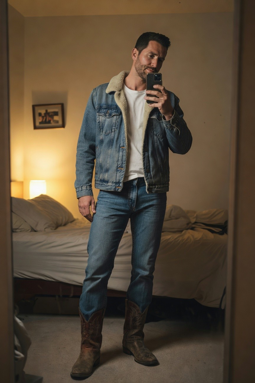 Man in mirror selfie wearing faded light blue denim jacket with shearling collar over white t-shirt, slim light blue jeans, and tan cowboy boots in bedroom setting