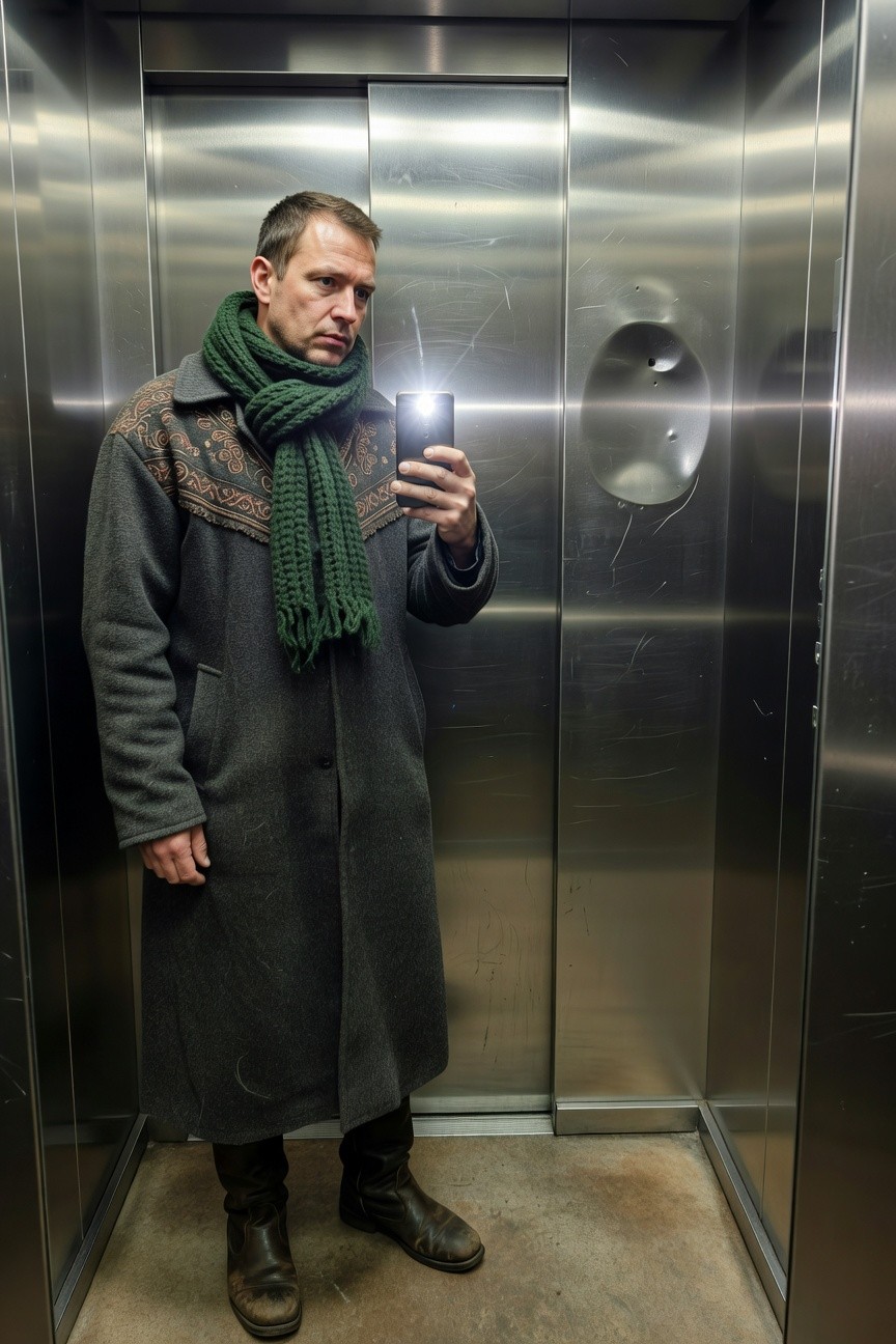 Man in elevator selfie wearing long gray wool overcoat with embroidered lapels, loosely wrapped green knit scarf, black pants, and brown leather boots