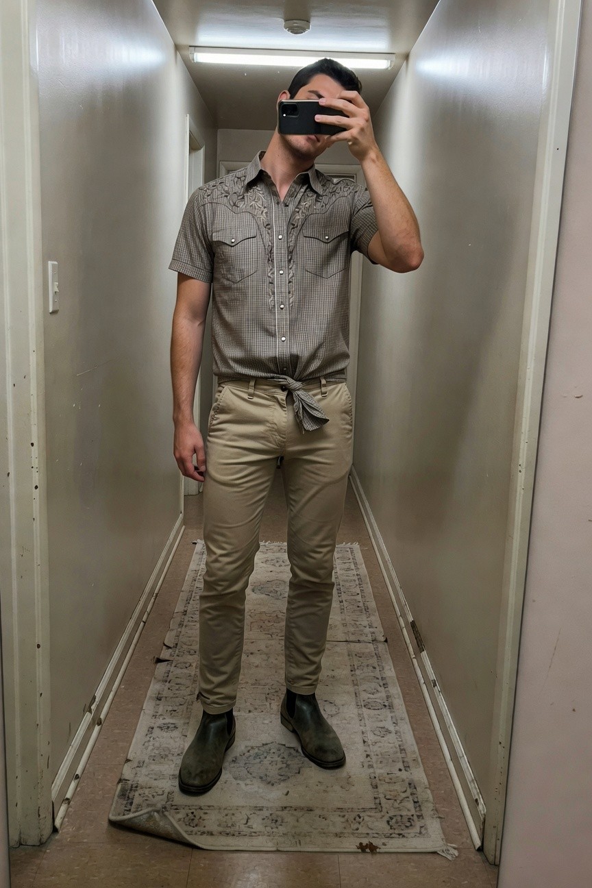 A man in a grey embroidered short-sleeve Western-style shirt tied at the waist, khaki slim-fit pants, and black Chelsea boots, posing in a mirror selfie in a beige hallway.