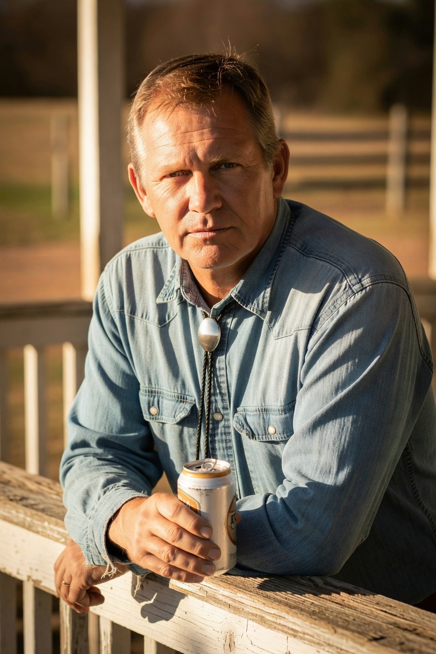 Man leaning on wooden porch railing wearing light blue denim long-sleeve shirt with open collar, silver bolo tie featuring turquoise stone, holding silver beverage can, casual western Americana style