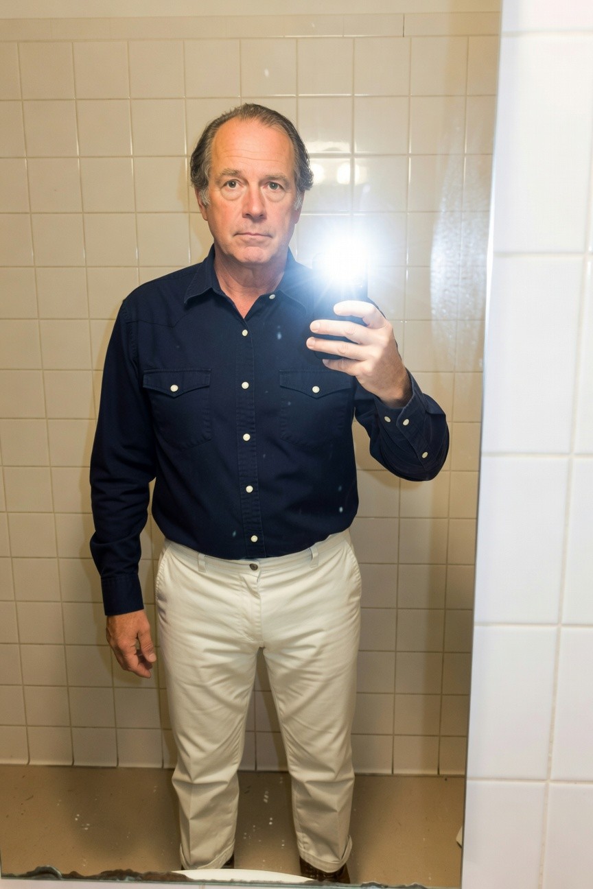Middle-aged man taking a mirror selfie in a tiled bathroom, wearing a dark navy long-sleeve western-style snap shirt tucked into light khaki chinos, standing barefoot on wet floor tiles.