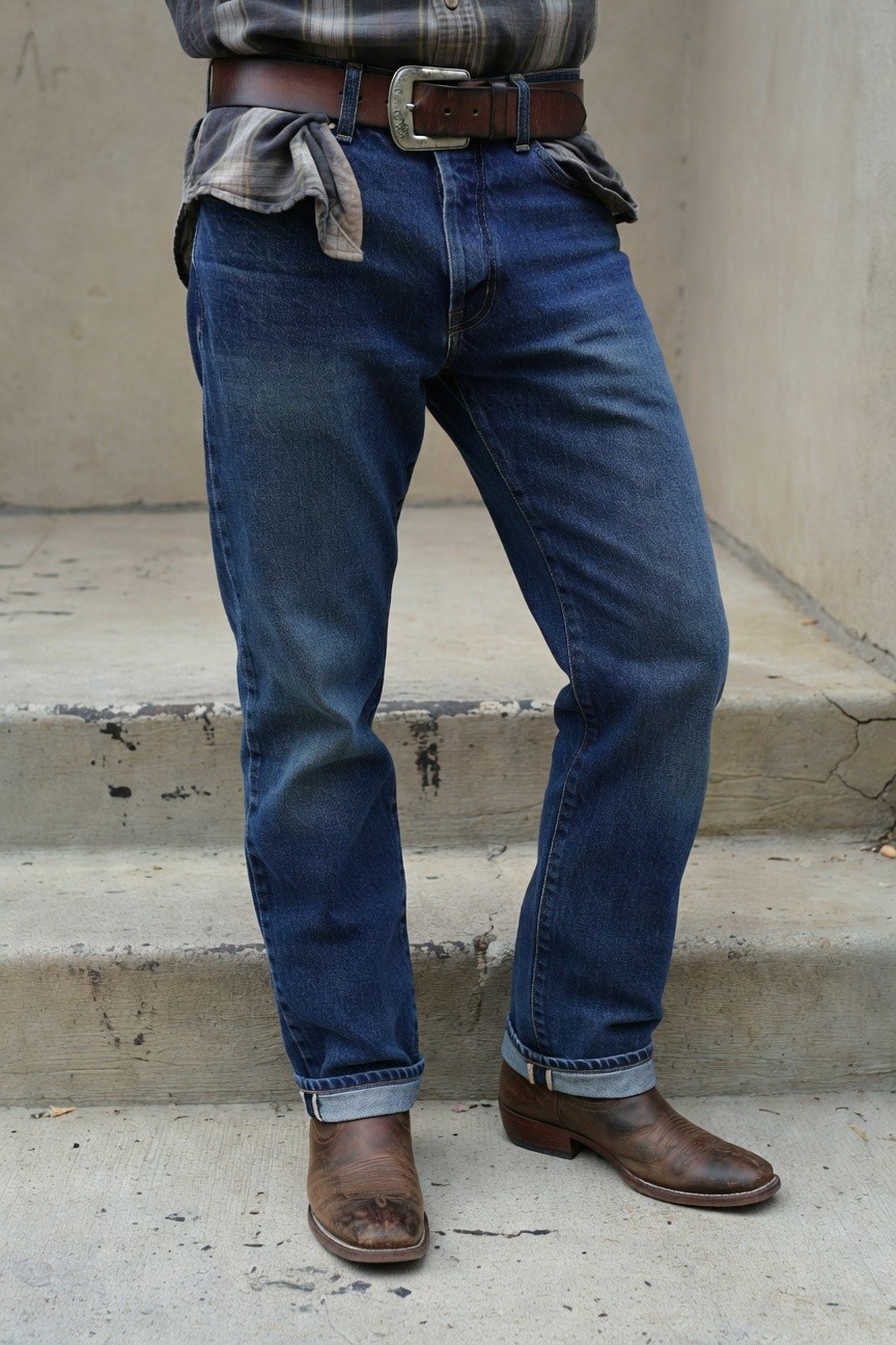 Man standing on concrete steps wearing an open red-and-black plaid flannel shirt over jeans, brown leather belt with brass buckle, cuffed straight-leg dark blue jeans, and tan square-toe cowboy boots.