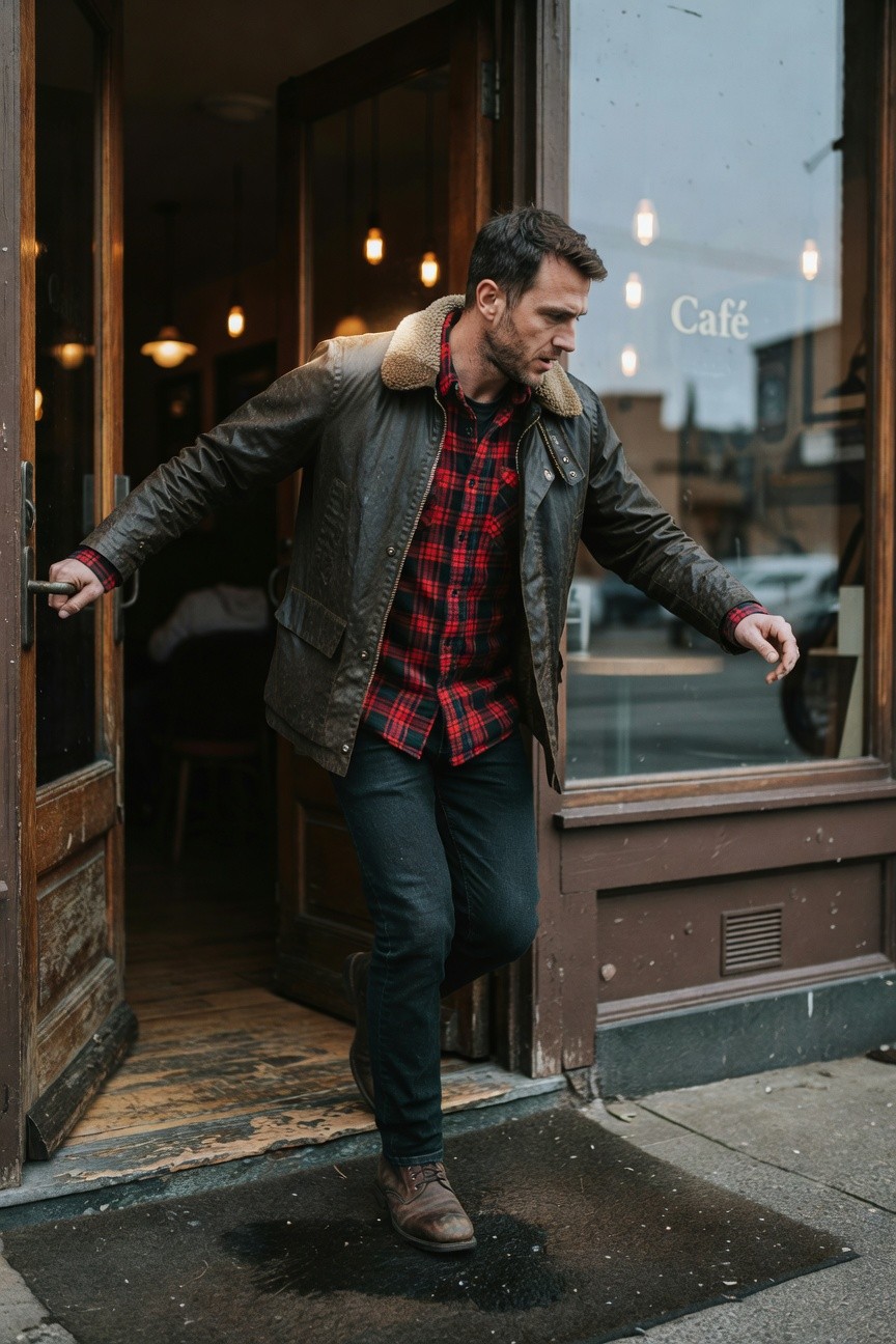 Man in dark shearling-collar leather jacket over red plaid flannel shirt, dark slim jeans, and brown leather boots, holding open wooden cafe doors