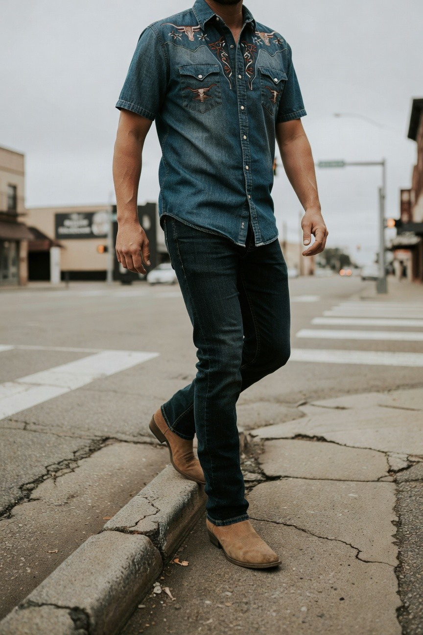 Man in short-sleeve light wash denim shirt with western-style embroidery on shoulders and chest, paired with slim dark blue jeans and tan suede ankle boots, walking casually at an urban crosswalk