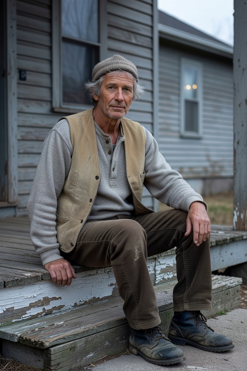 Older man with gray hair and beanie sitting on porch steps in tan suede vest over gray long-sleeve henley shirt, khaki pants, and black boots, evoking worn-in Americana style