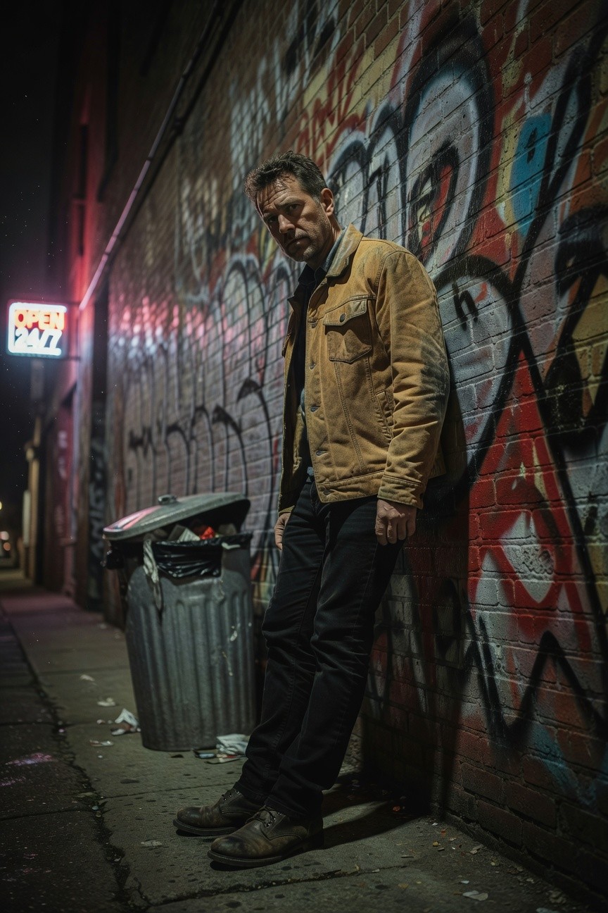 Man leaning against graffiti wall in worn tan corduroy jacket with shearling collar, black slim trousers, and brown leather boots, evoking urban Americana Western style