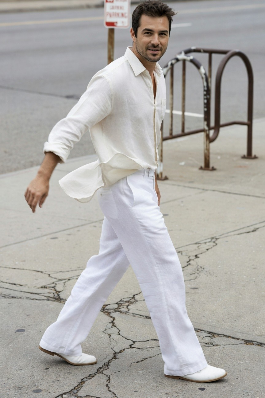 Man in flowing white linen wide-leg pants and open-collar shirt striding confidently on cracked urban sidewalk with bike rack and stop sign backdrop, capturing bold monochromatic summer street style