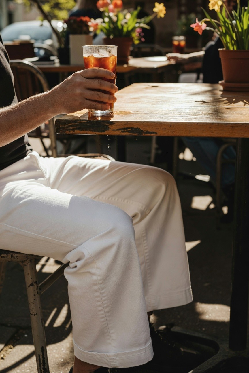 Man in black t-shirt and white wide-leg pants sits relaxed at a sunny outdoor wooden café table, holding a tall glass of iced tea amid potted flowers and blurred greenery