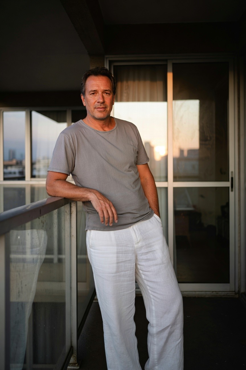 Middle-aged man in light gray short-sleeve t-shirt and flowing white wide-leg linen pants leans casually on a modern balcony railing at sunset with city views and sliding glass doors behind him