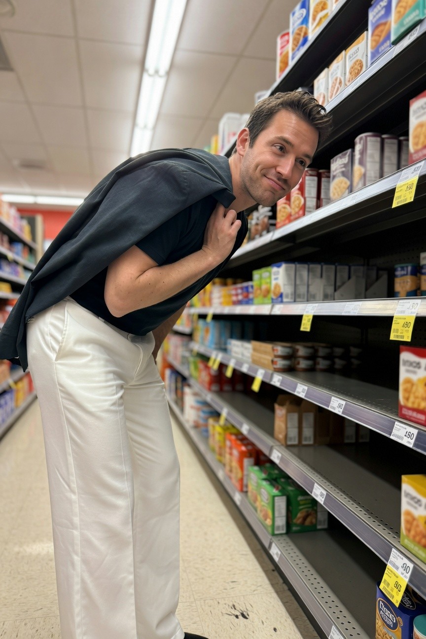 Man leaning toward grocery shelves in white wide-leg pants, dark cardigan draped over shoulders, casual smirk in fluorescent-lit aisle