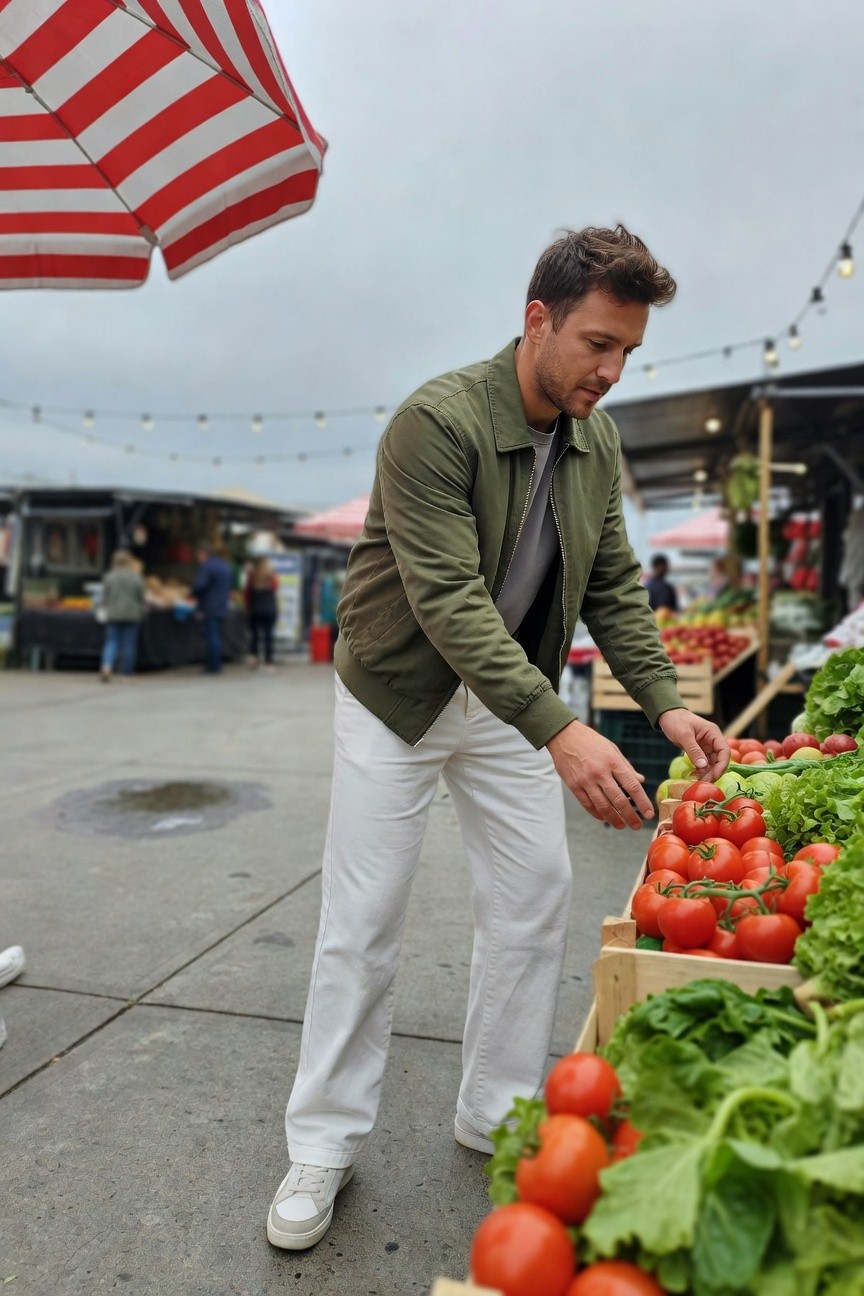 A man in an olive green bomber jacket, white wide-leg pants, and white sneakers browses tomatoes and lettuce at an outdoor market under string lights and a red-striped umbrella, cloudy sky above.