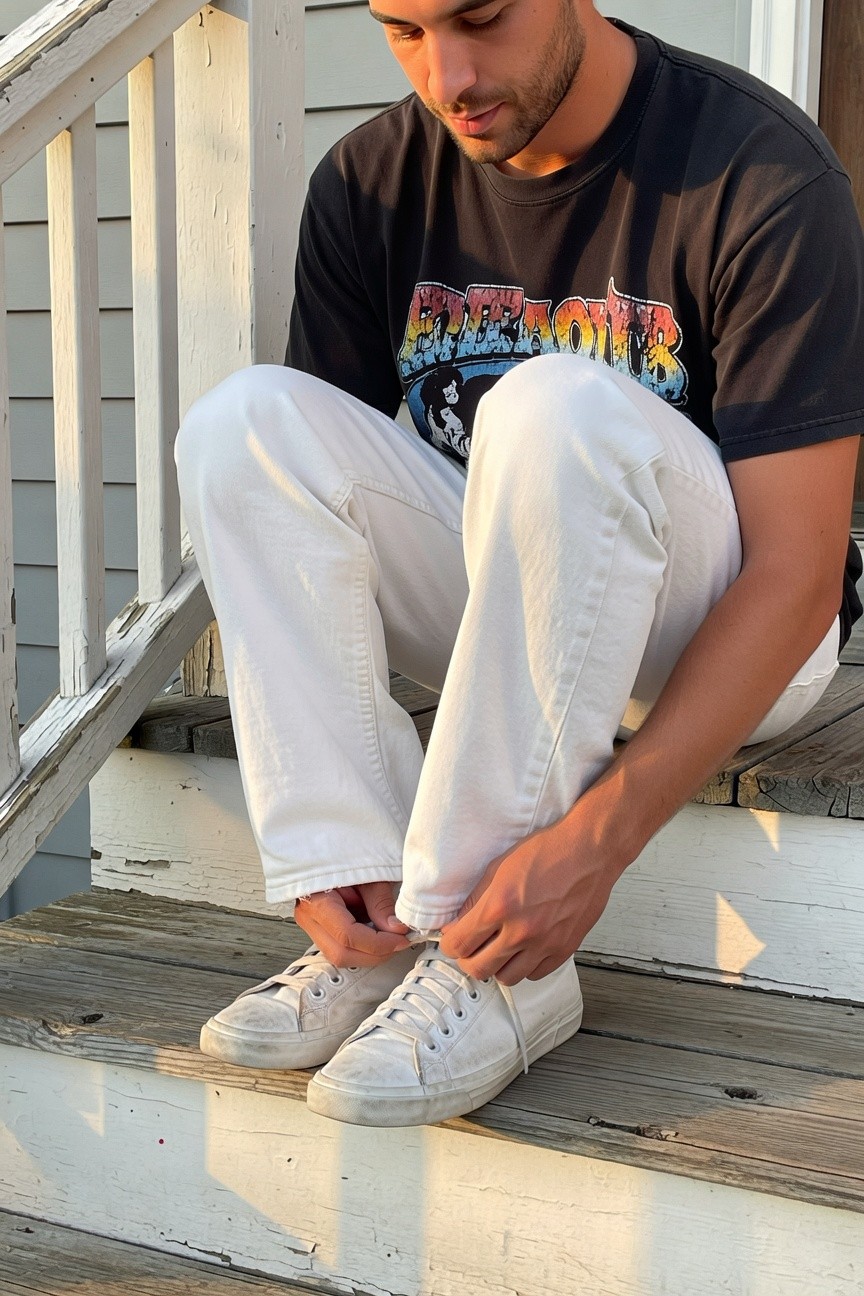 Man with short dark hair crouching on wooden porch steps in sunlight, tying laces on white sneakers, dressed in faded white wide-leg jeans and black Grateful Dead graphic t-shirt with colorful skull logo