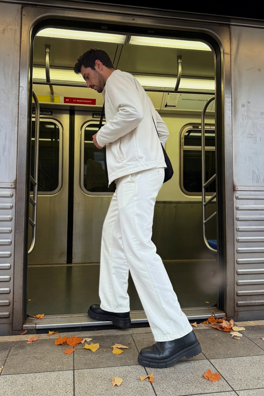 Man in white zip-up jacket and matching wide-leg pants steps from subway door onto fall leaf-strewn platform, black crossbody bag and chunky black boots adding edge to the crisp monochromatic look