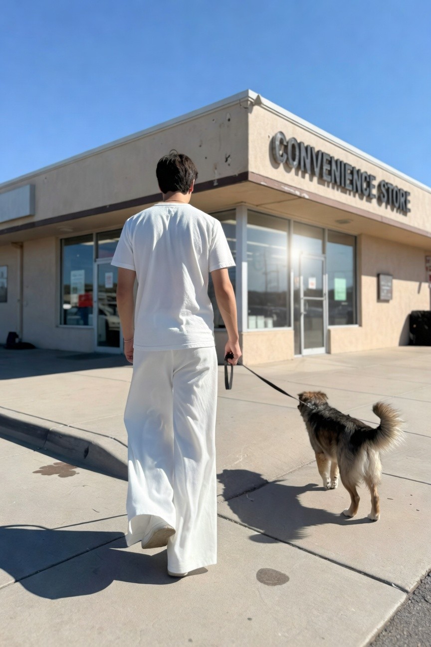 Man in white t-shirt and flowing white wide-leg pants walks a fluffy brown-and-black dog on a leash outside a beige convenience store under clear blue skies, long shadows on pavement