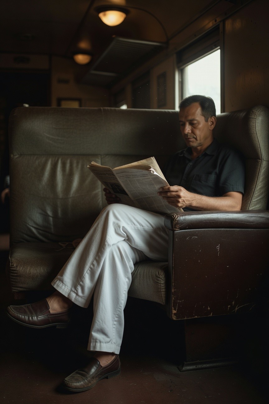 Middle-aged man lounging in a vintage train car booth, reading a newspaper; dressed in white pleated wide-leg pants, black short-sleeve shirt, brown loafers, relaxed pose with legs crossed.