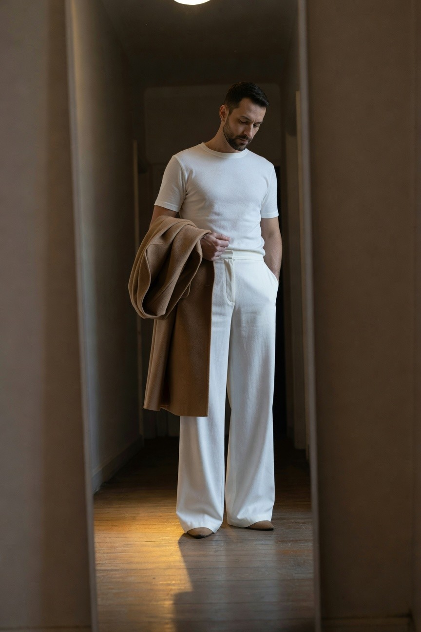 Man in white t-shirt and flowing white wide-leg pants stands casually in a beige hallway mirror, beige coat draped over one arm, light wooden floor and soft overhead glow highlighting the minimalist outfit