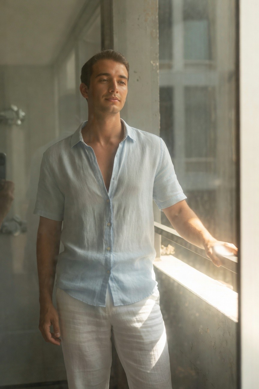 Man in open light blue short-sleeve linen shirt and matching white linen pants leans thoughtfully against a sunlit window in an industrial bathroom setting