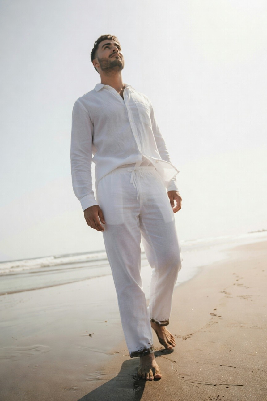 Handsome man with short dark hair and beard stands on sandy beach at golden hour wearing open-collar long-sleeve white linen shirt tucked loosely into wide-leg white linen pants rolled at ankles barefoot gazing upward toward bright sky with ocean waves behind